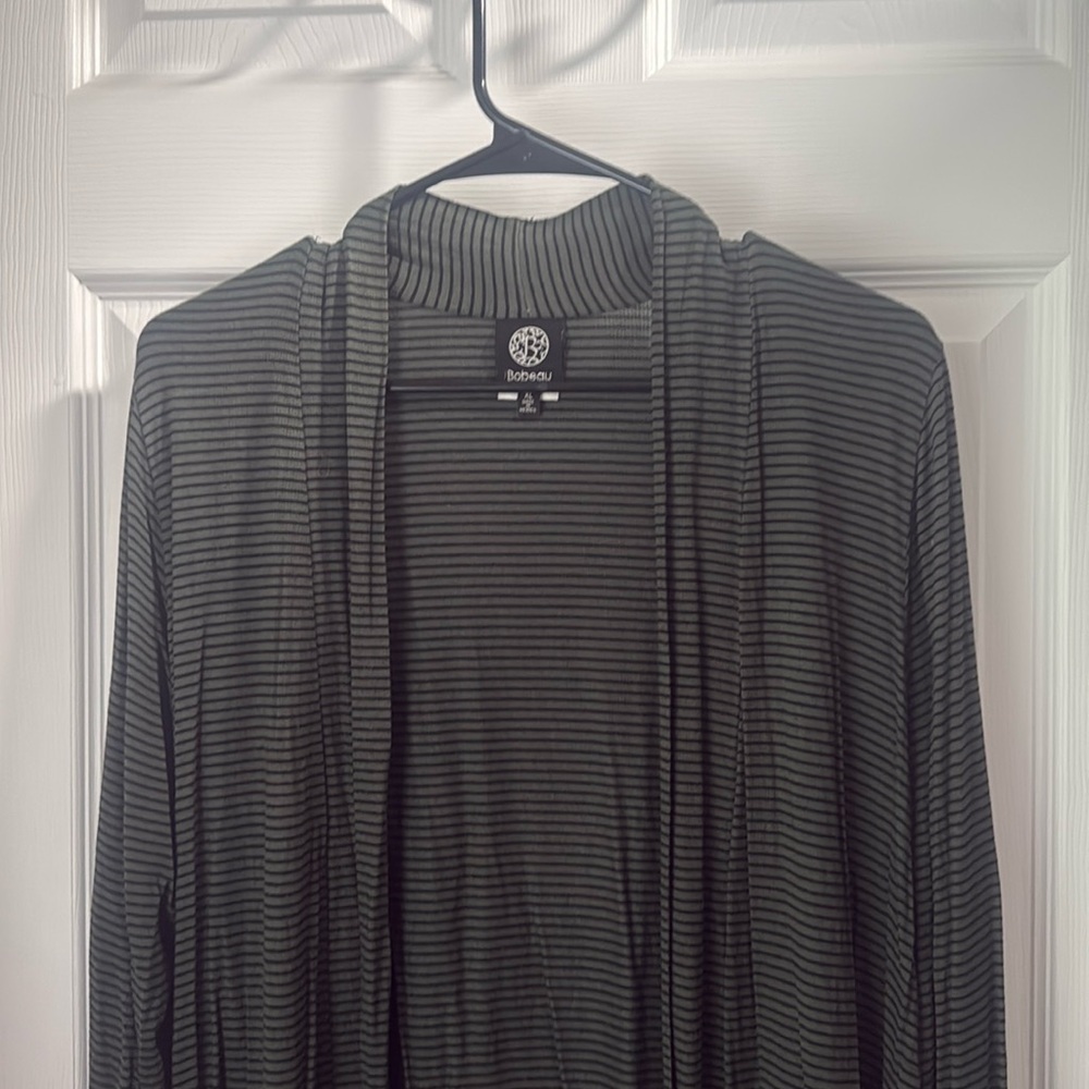 Bobeau Olive Green and Black Striped Knit Open Front Cardigan Size XL